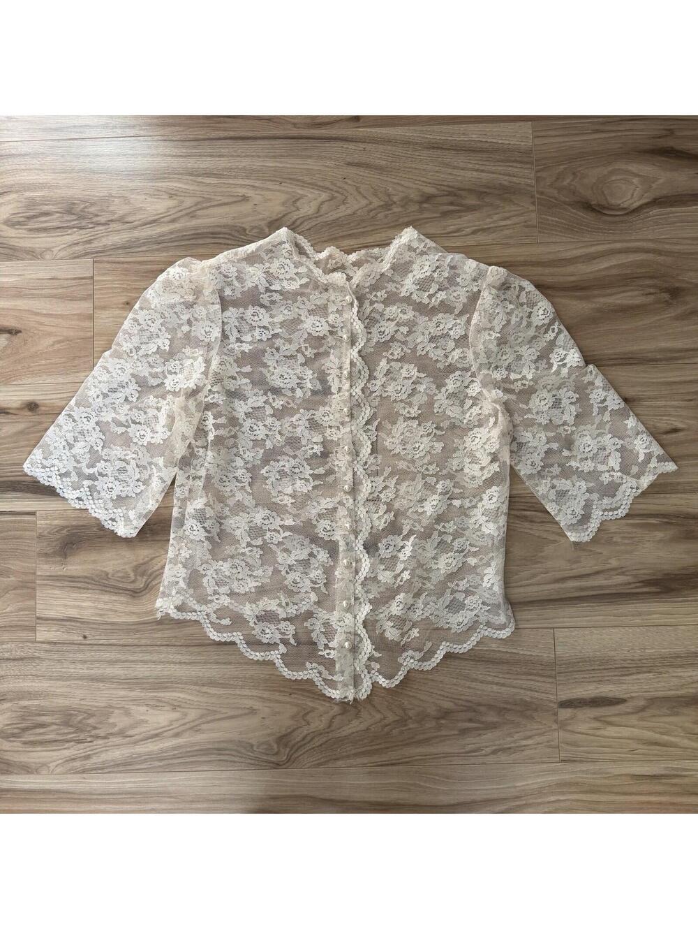 Ivory Floral Lace Pearl Button Sheer Top Scallop Hem Coquette Cottagecore